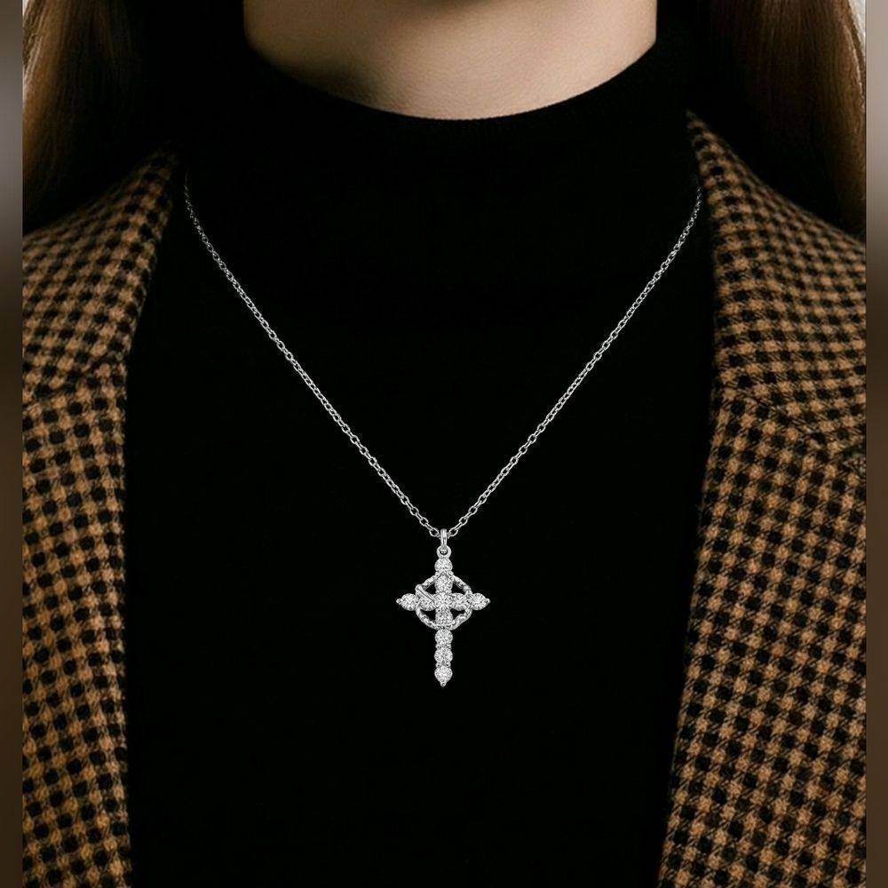 Silver Crown of Thorns Cross Necklace Stainless Steel Rhinestone Christian Faith